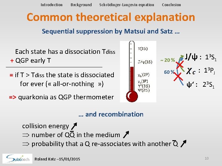 Introduction Background Schrödinger-Langevin equation Conclusion Common theoretical explanation Sequential suppression by Matsui and Satz Introduction Background Schrödinger-Langevin equation Conclusion Common theoretical explanation Sequential suppression by Matsui and Satz
