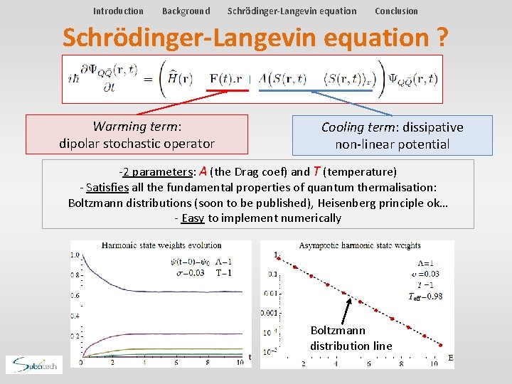 Introduction Background Schrödinger-Langevin equation Conclusion Schrödinger-Langevin equation ? Warming term: dipolar stochastic operator Cooling Introduction Background Schrödinger-Langevin equation Conclusion Schrödinger-Langevin equation ? Warming term: dipolar stochastic operator Cooling