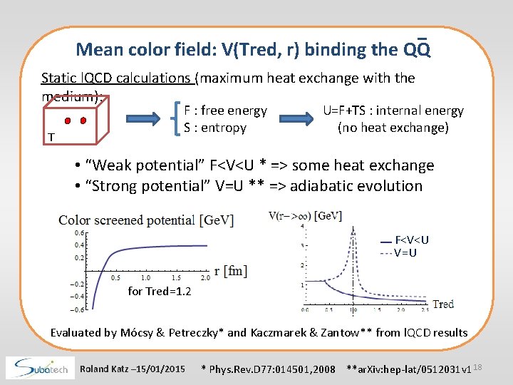 Mean color field: V(Tred, r) binding the QQ Static l. QCD calculations (maximum heat Mean color field: V(Tred, r) binding the QQ Static l. QCD calculations (maximum heat