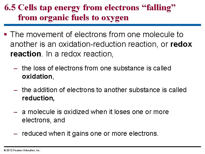 6. 5 Cells tap energy from electrons “falling” from organic fuels to oxygen The