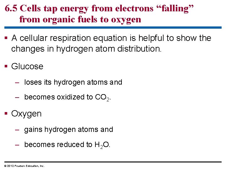 6. 5 Cells tap energy from electrons “falling” from organic fuels to oxygen A