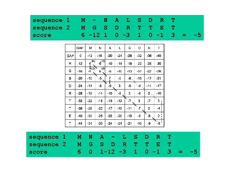 sequence 1 sequence 2 score M - N M G S 6 -12 1