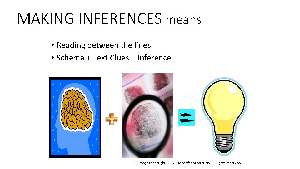 MAKING INFERENCES means • Reading between the lines • Schema + Text Clues =