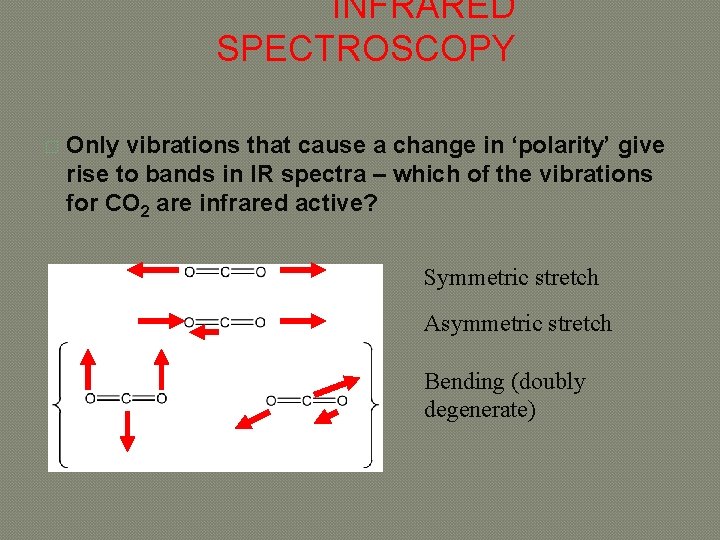 INFRARED SPECTROSCOPY � Only vibrations that cause a change in ‘polarity’ give rise to