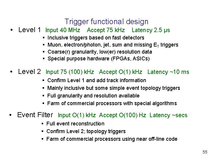 Trigger functional design • Level 1 Input 40 MHz Accept 75 k. Hz Latency