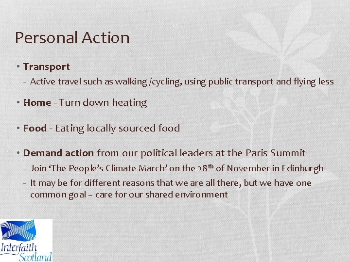 Personal Action • Transport - Active travel such as walking /cycling, using public transport