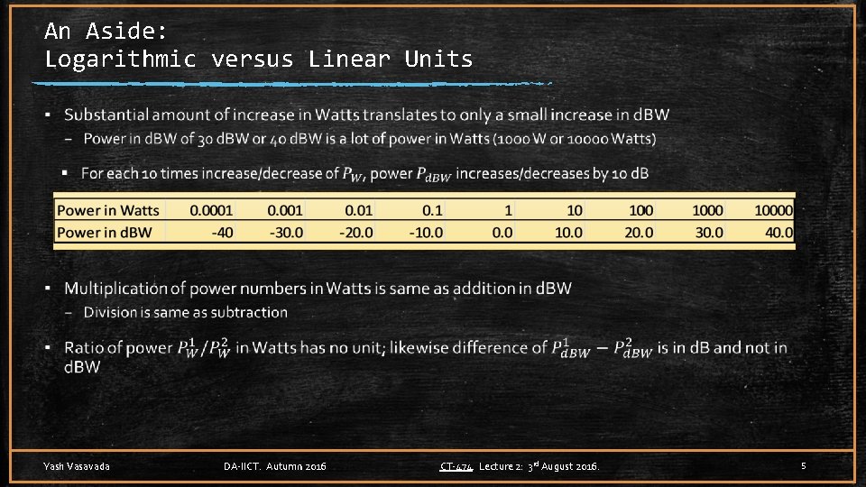 An Aside: Logarithmic versus Linear Units ▪ Yash Vasavada DA-IICT. Autumn 2016 CT-474. Lecture