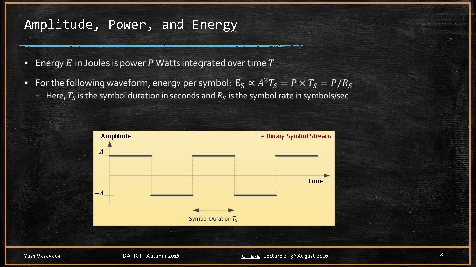 Amplitude, Power, and Energy ▪ Amplitude A Binary Symbol Stream Time Yash Vasavada DA-IICT.