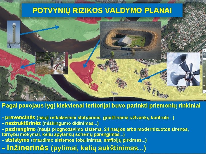 POTVYNIŲ RIZIKOS VALDYMO PLANAI Pagal pavojaus lygį kiekvienai teritorijai buvo parinkti priemonių rinkiniai -