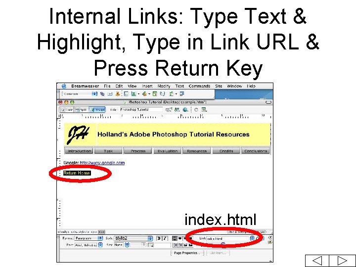 Internal Links: Type Text & Highlight, Type in Link URL & Press Return Key