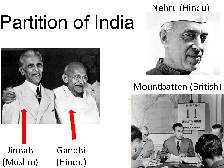 Partition of India Nehru (Hindu) Mountbatten (British) Jinnah (Muslim) Gandhi (Hindu) Partition of India Nehru (Hindu) Mountbatten (British) Jinnah (Muslim) Gandhi (Hindu)