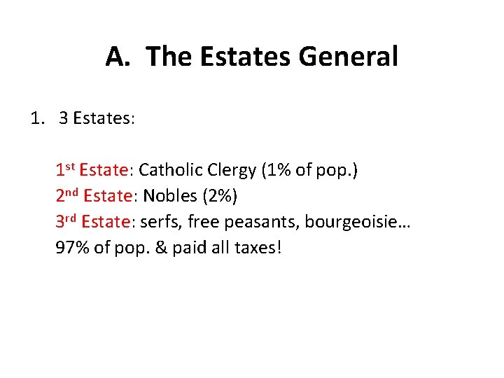 A. The Estates General 1. 3 Estates: 1 st Estate: Catholic Clergy (1% of