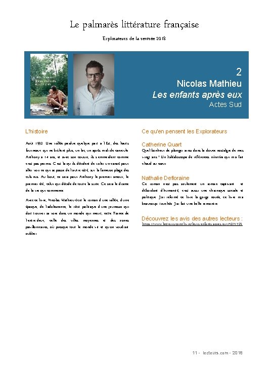 Le palmarès littérature française Explorateurs de la rentrée 2018 2 Nicolas Mathieu Les enfants