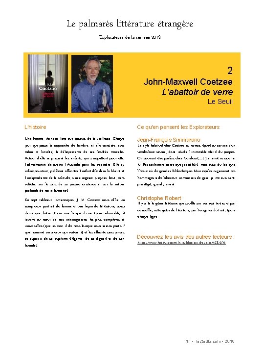 Le palmarès littérature étrangère Explorateurs de la rentrée 2018 2 John-Maxwell Coetzee L’abattoir de