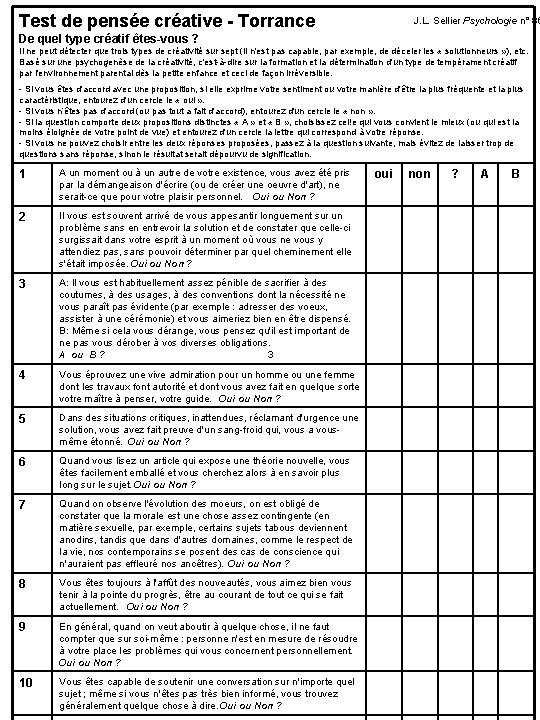 Test de pensée créative - Torrance J. L. Sellier Psychologie n° 86 De quel