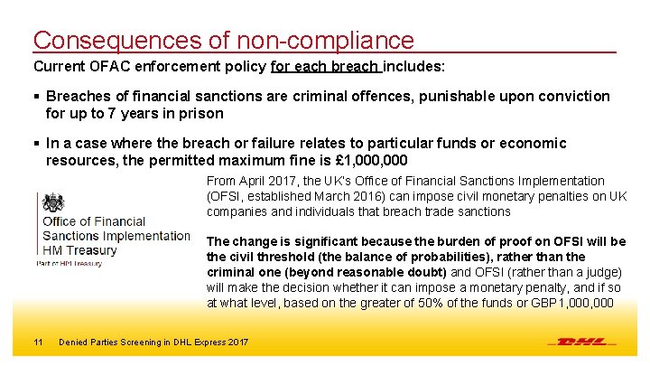 Consequences of non-compliance Current OFAC enforcement policy for each breach includes: § Breaches of