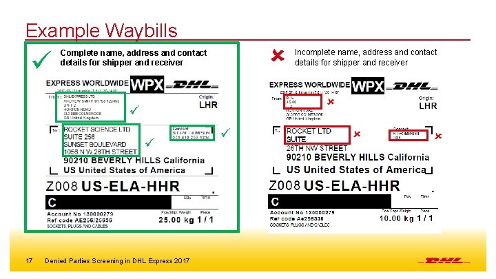 Example Waybills Complete name, address and contact details for shipper and receiver 17 Incomplete