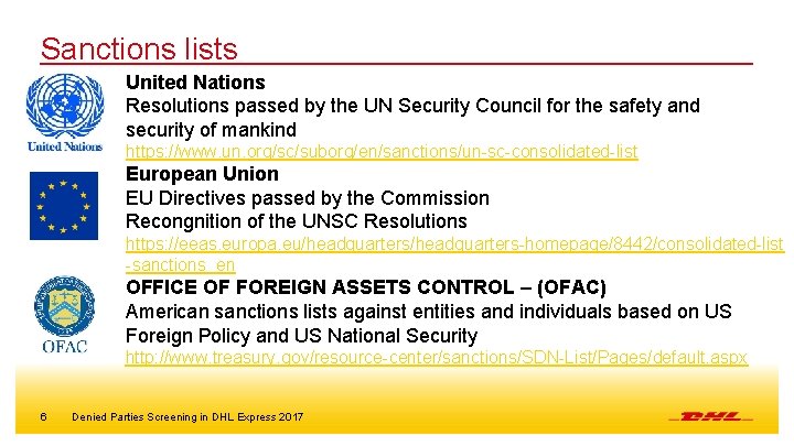 Sanctions lists United Nations Resolutions passed by the UN Security Council for the safety