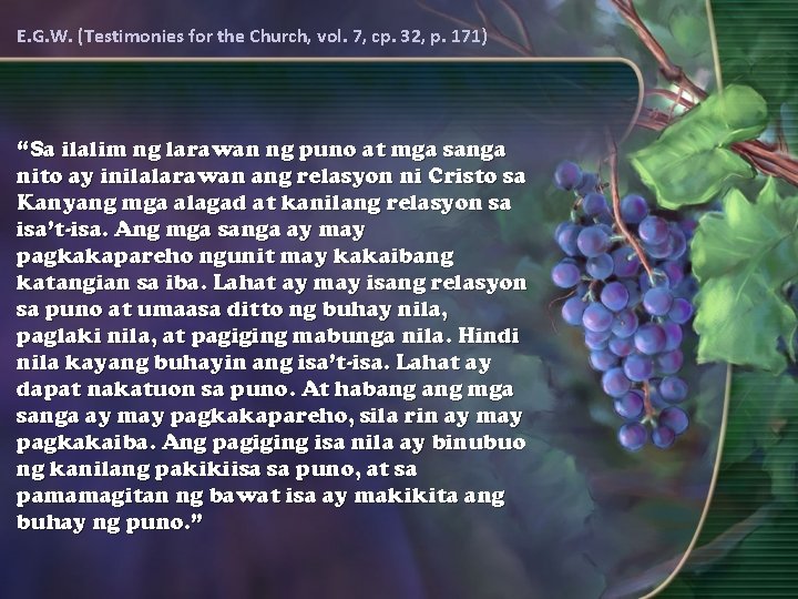 E. G. W. (Testimonies for the Church, vol. 7, cp. 32, p. 171) “Sa