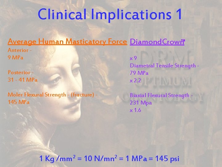 Clinical Implications 1 Average Human Masticatory Force Diamond. Crown TM Anterior 9 MPa x