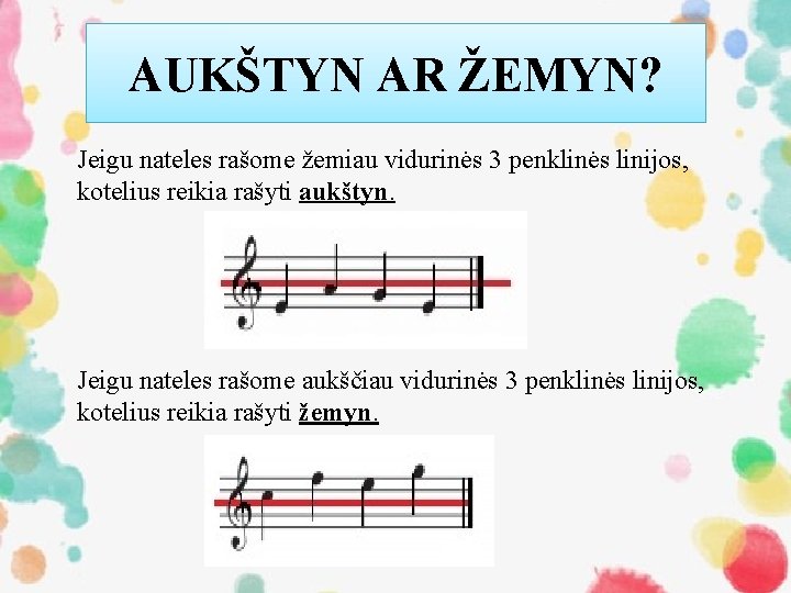 AUKŠTYN AR ŽEMYN? Jeigu nateles rašome žemiau vidurinės 3 penklinės linijos, kotelius reikia rašyti