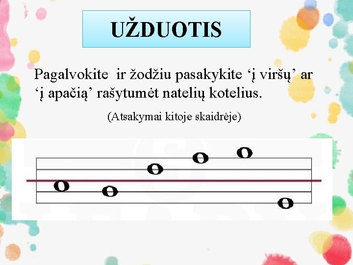 UŽDUOTIS Pagalvokite ir žodžiu pasakykite ‘į viršų’ ar ‘į apačią’ rašytumėt natelių kotelius. (Atsakymai