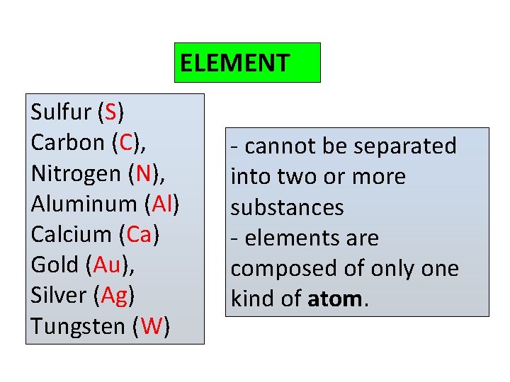 ELEMENT Sulfur (S) Carbon (C), Nitrogen (N), Aluminum (Al) Calcium (Ca) Gold (Au), Silver