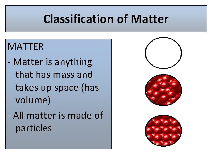 Classification of Matter MATTER - Matter is anything that has mass and takes up