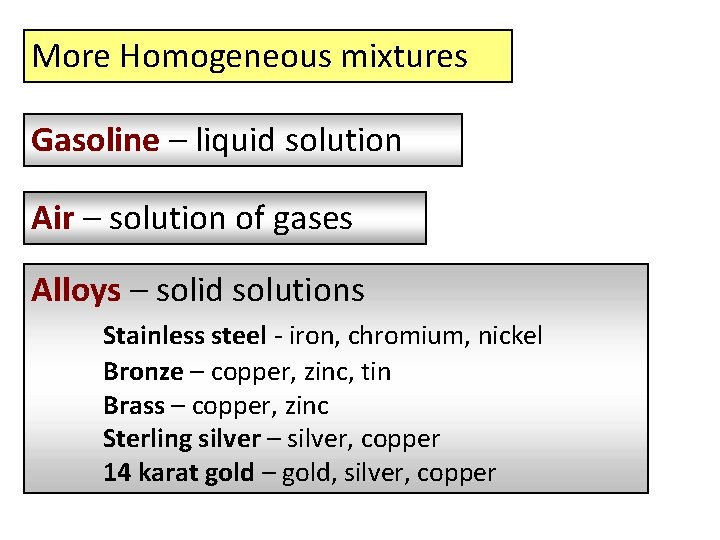 More Homogeneous mixtures Gasoline – liquid solution Air – solution of gases Alloys –