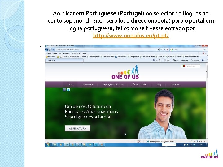 Ao clicar em Portuguese (Portugal) no selector de línguas no canto superior direito, será