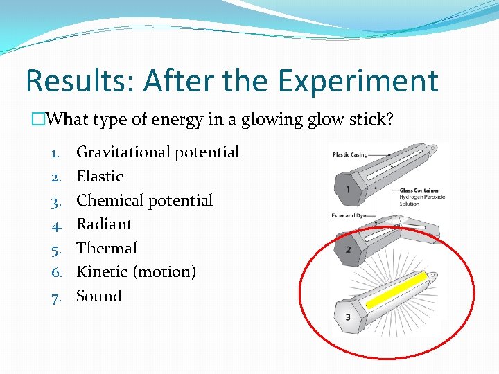 Results: After the Experiment �What type of energy in a glowing glow stick? 1. Results: After the Experiment �What type of energy in a glowing glow stick? 1.