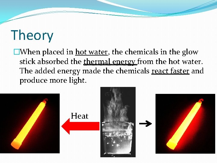 Theory �When placed in hot water, the chemicals in the glow stick absorbed thermal Theory �When placed in hot water, the chemicals in the glow stick absorbed thermal