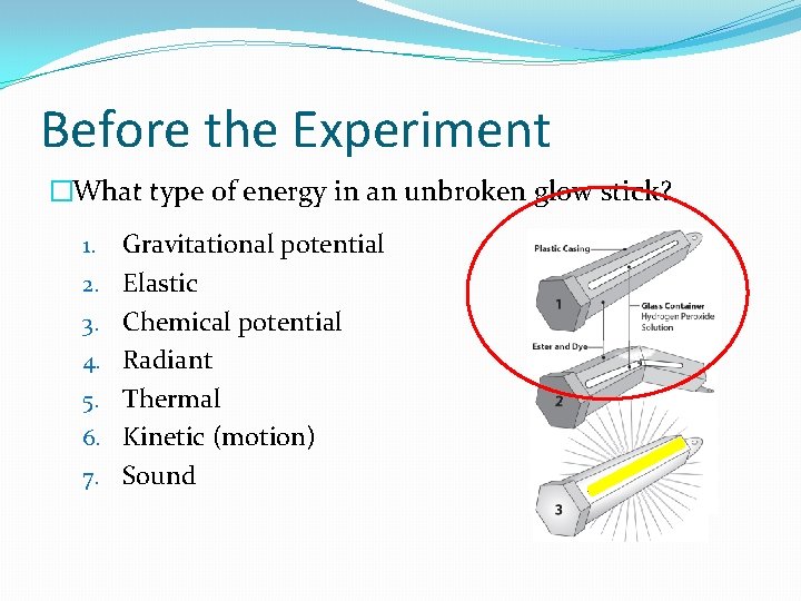 Before the Experiment �What type of energy in an unbroken glow stick? 1. 2. Before the Experiment �What type of energy in an unbroken glow stick? 1. 2.