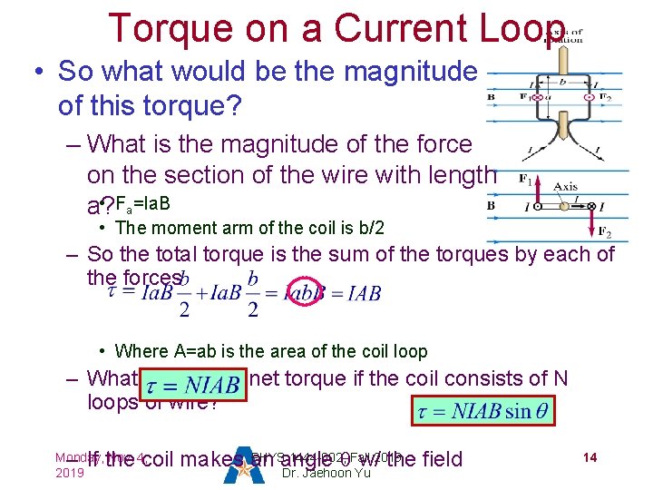 Torque on a Current Loop • So what would be the magnitude of this