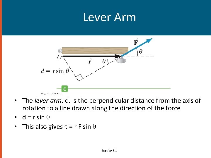 Lever Arm • The lever arm, d, is the perpendicular distance from the axis