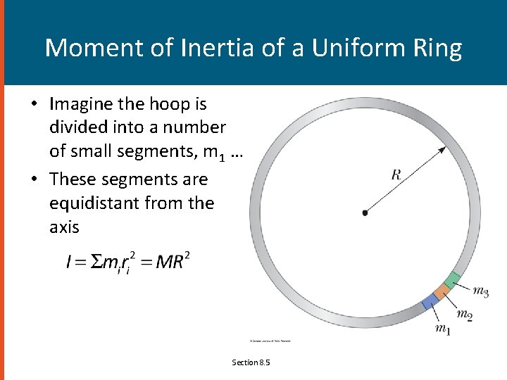 Moment of Inertia of a Uniform Ring • Imagine the hoop is divided into