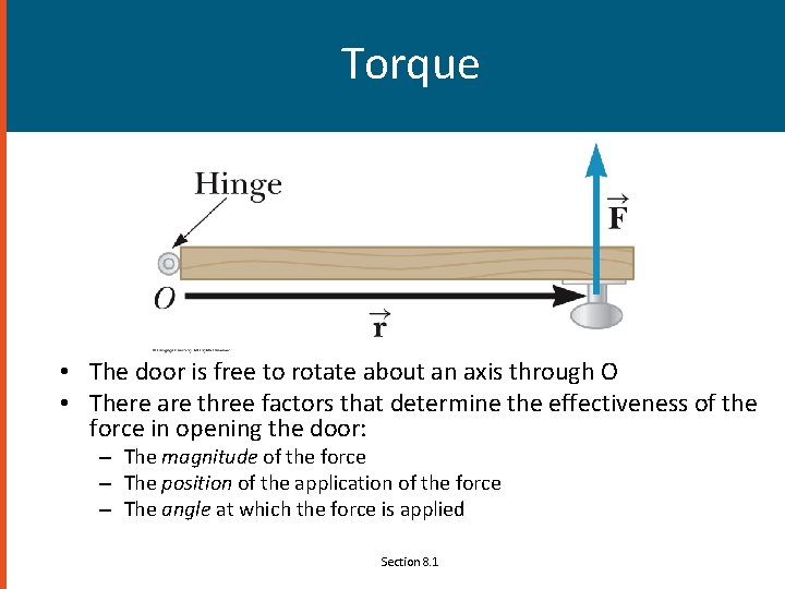 Torque • The door is free to rotate about an axis through O •