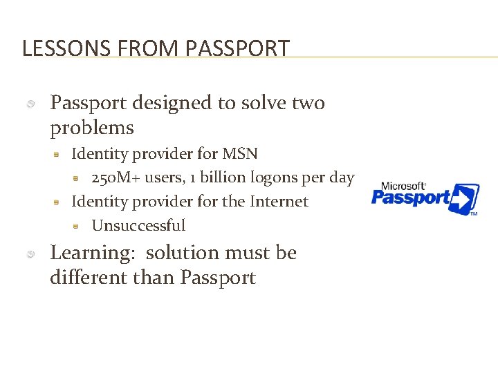 LESSONS FROM PASSPORT Passport designed to solve two problems Identity provider for MSN 250