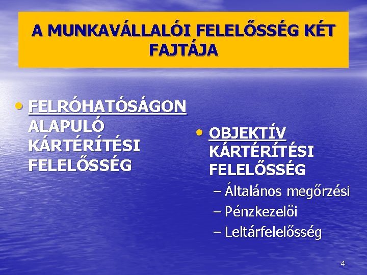 A MUNKAVÁLLALÓI FELELŐSSÉG KÉT FAJTÁJA • FELRÓHATÓSÁGON ALAPULÓ KÁRTÉRÍTÉSI FELELŐSSÉG • OBJEKTÍV KÁRTÉRÍTÉSI FELELŐSSÉG