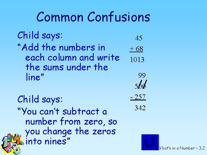 Common Confusions Child says: “Add the numbers in each column and write the sums