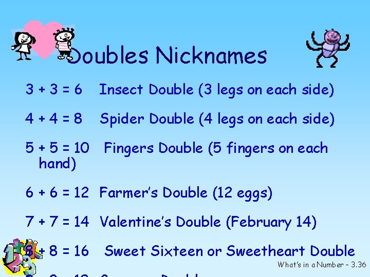 Doubles Nicknames 3+3=6 Insect Double (3 legs on each side) 4+4=8 Spider Double (4