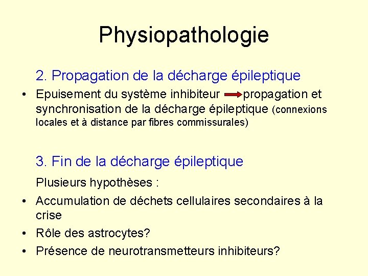 Physiopathologie 2. Propagation de la décharge épileptique • Epuisement du système inhibiteur propagation et