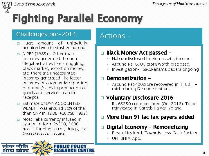 Three years of Modi Government Long Term Approach Fighting Parallel Economy Challenges pre-2014 �