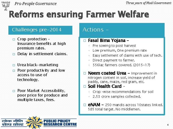 Three years of Modi Government Pro-People Governance Reforms ensuring Farmer Welfare Challenges pre-2014 �
