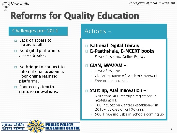 Three years of Modi Government New India Reforms for Quality Education Challenges pre-2014 �