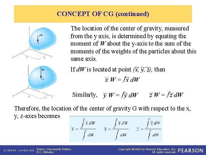 CONCEPT OF CG (continued) The location of the center of gravity, measured from the