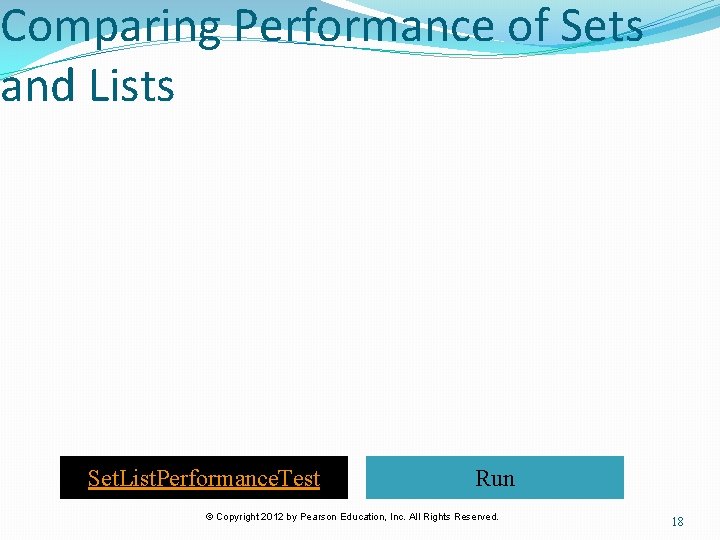 Comparing Performance of Sets and Lists Set. List. Performance. Test Run © Copyright 2012