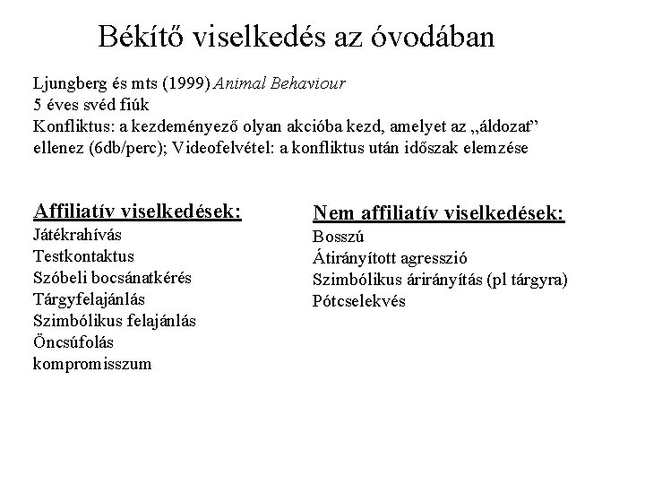 Békítő viselkedés az óvodában Ljungberg és mts (1999) Animal Behaviour 5 éves svéd fiúk