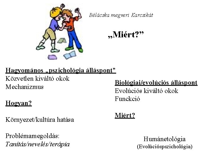 Bélácska megveri Karcsikát „Miért? ” Hagyomános „pszichológia álláspont” Közvetlen kiváltó okok Biológiai/evolúciós álláspont Mechanizmus