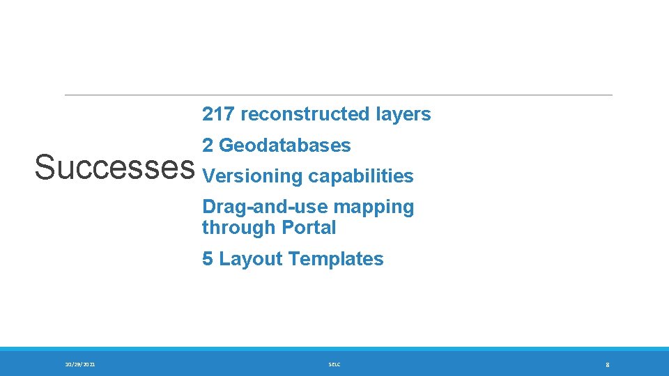 217 reconstructed layers 2 Geodatabases Successes Versioning capabilities Drag-and-use mapping through Portal 5 Layout